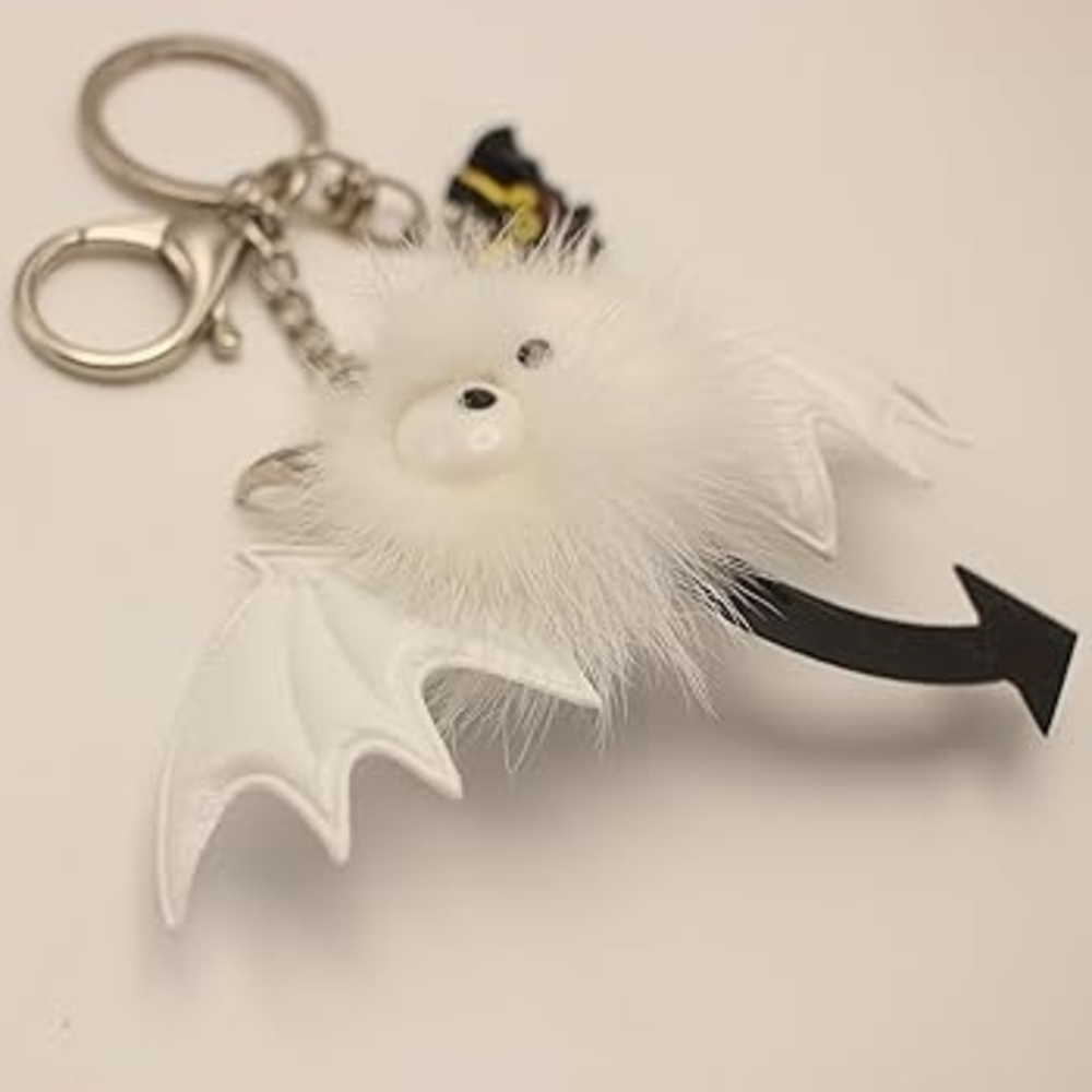 White Furry Bat Keychain Charm with Mini Bat Accent - Picture 7 of 9